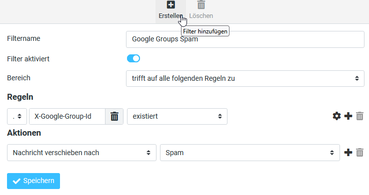 Sieve-Einstellungen, um E-Mails aus Google Groups auszusortieren.