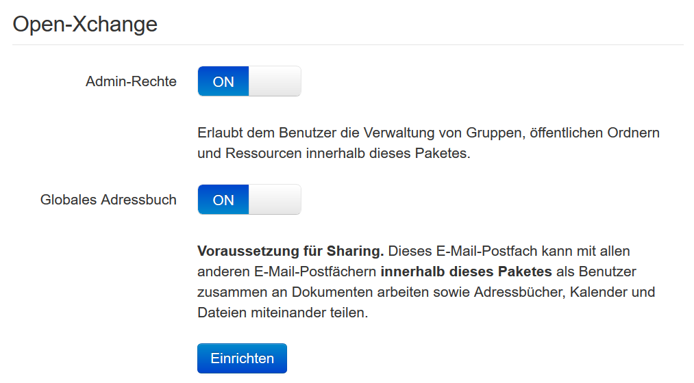 Einrichtung von Open-Xchange im neuen Kundenmenü