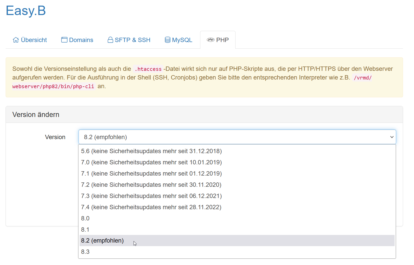 Auswahl der PHP-Version im Kundenmenü