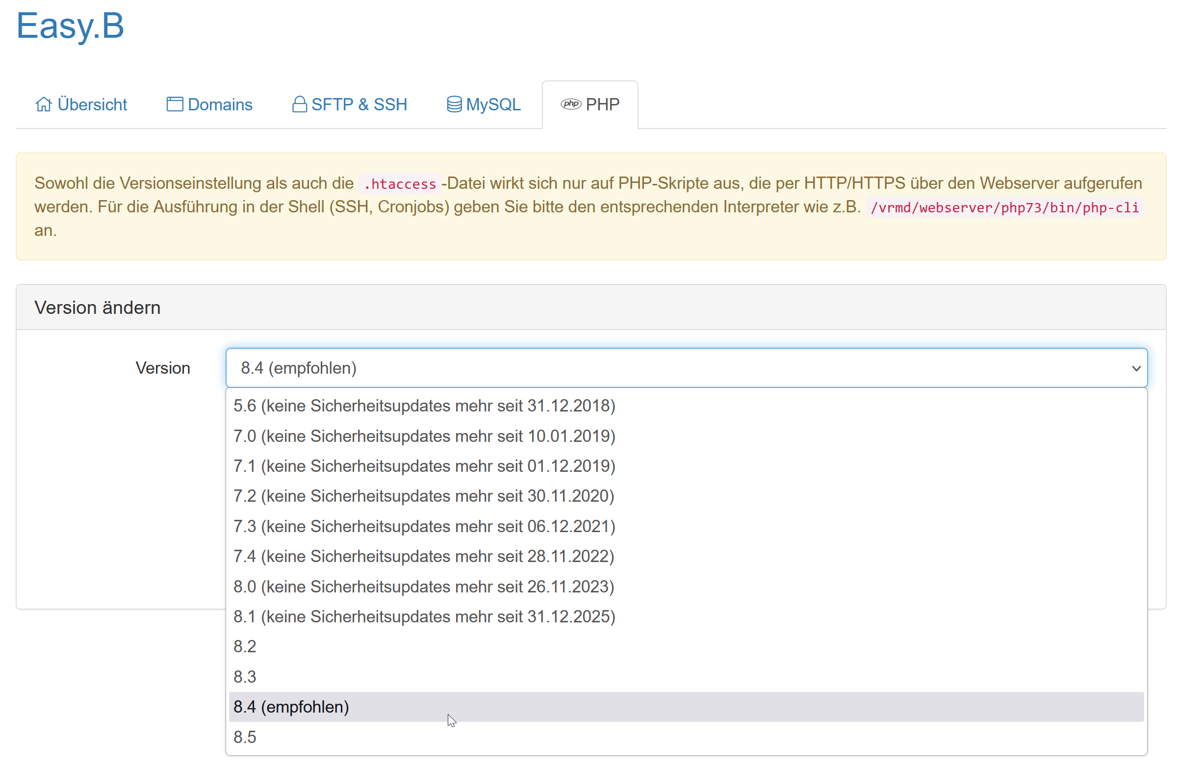 Auswahl der PHP-Version im Kundenmenü