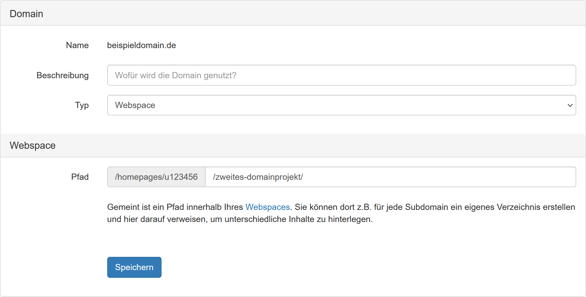 Einstellungen im Kundenmenü zum Verweis einer Domain/Subdomain auf ein Unterverzeichnis
