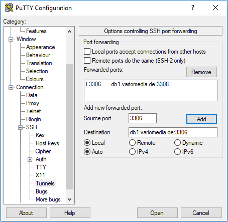 SSH-Tunnel für MySQL mit PuTTY