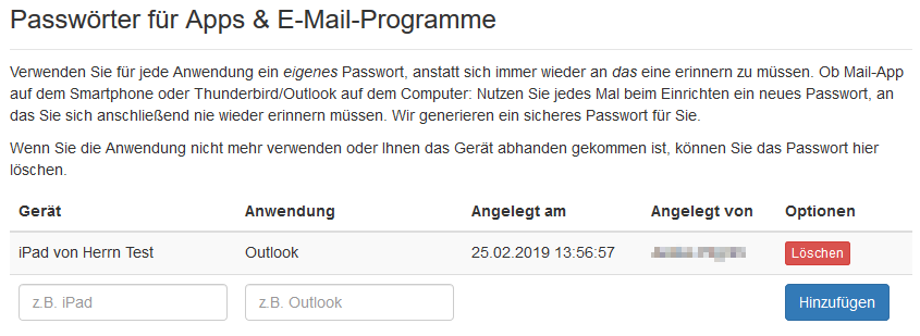 Liste der angelegten Application Passwords für ein Postfach