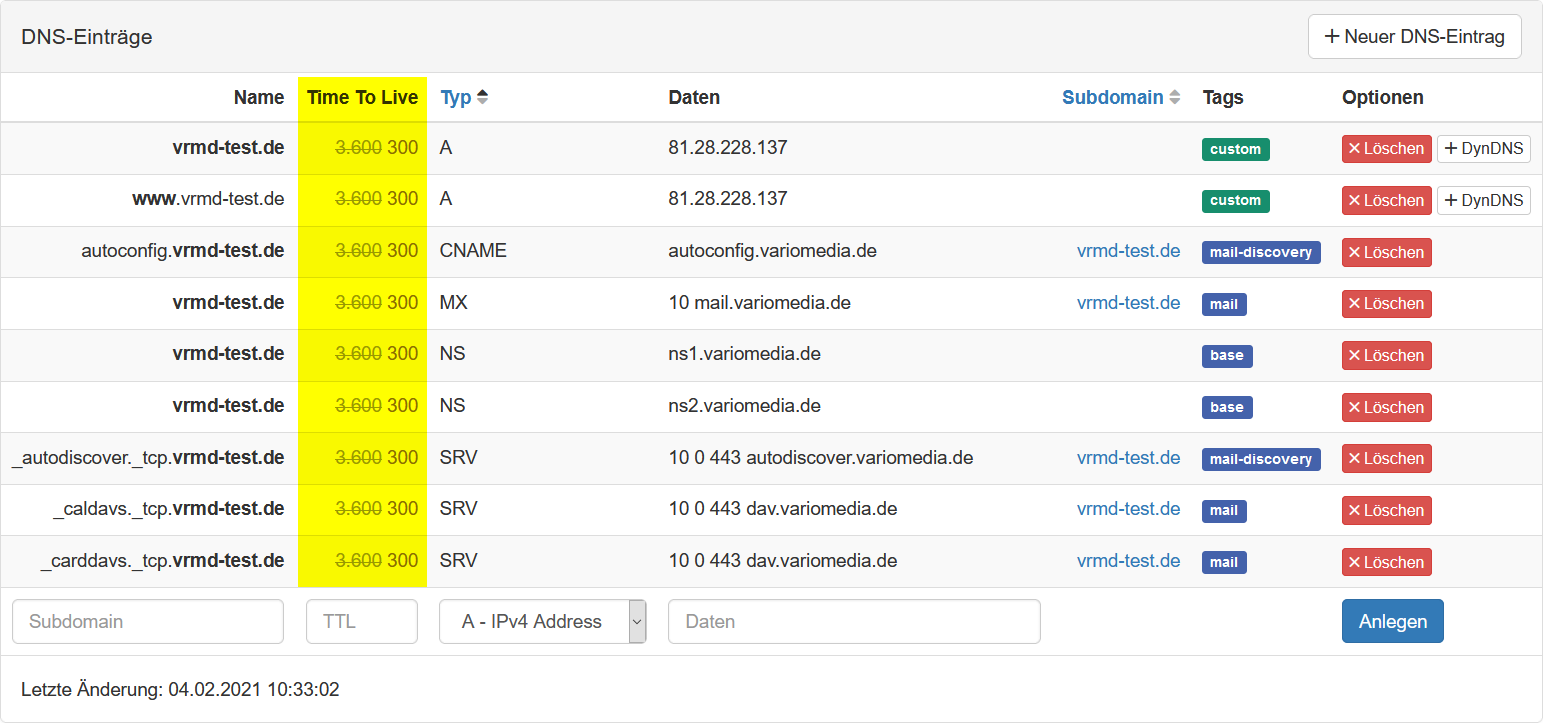 Domain mit aktiviertem Migrationsmodus, der die TTL auf 300 Sekunden herabsetzt