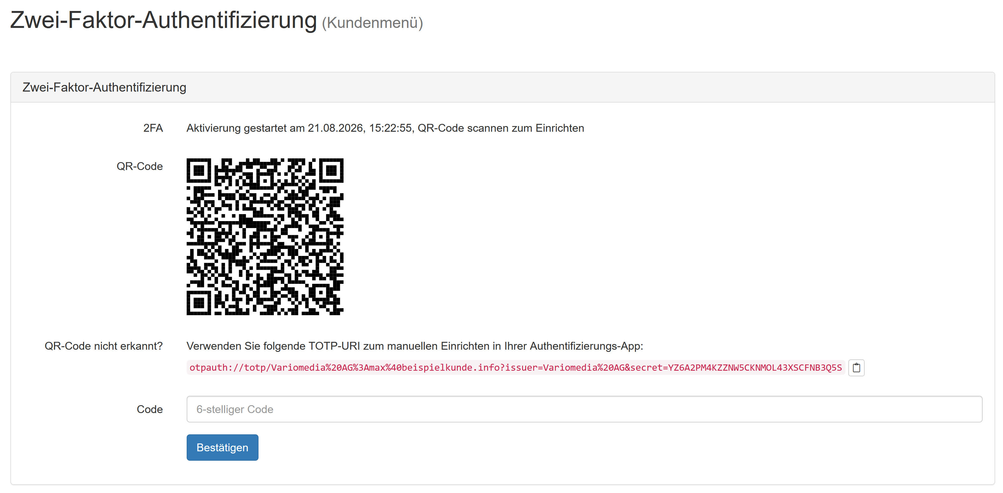 Beispielhafte 2FA-Aktivierung unter my.variomedia.de Beispielhafte 2FA-Aktivierung unter my.variomedia.de